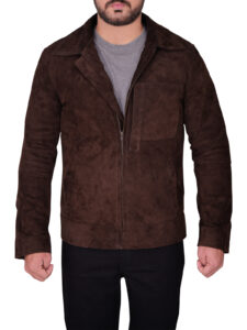 Men Dark Brown Suede Leather Jacket - Image 5