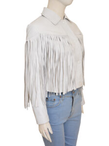White Fringe Leather Jacket - Mauve Tree - Image 3