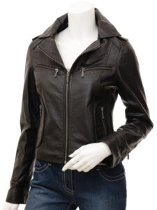 Women Jade Black Leather Jacket - Mauve Tree
