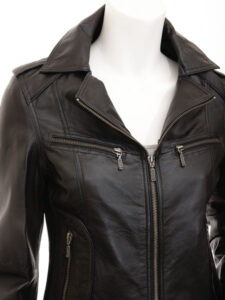 Women Jade Black Leather Jacket - Mauve Tree - Image 3