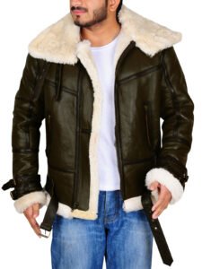 Army Green Men B3 Bomber Shealring Leather Jacket - Image 2