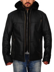 Men Black Leather Jacket With Hoodie - Image 5