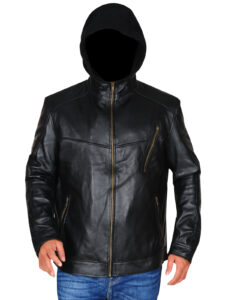 Black Leather Jacket With Hoodie - Image 5