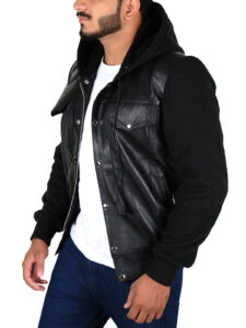 Fleece Hoodie Leather Jacket - Image 5