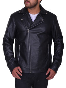 Black Lapel Collar Leather Jacket - Image 4