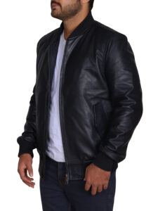 Trendy Rib Knitted Black Leather Jacket - Image 4