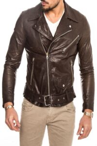 Men Pecan Brown Biker Leather Jacket - Image 3