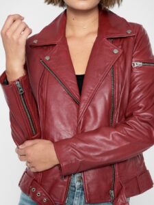 Women Red Wine Biker Leather Jacket - Image 3