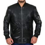 Rib Knitted Black Leather Jacket - Image 5