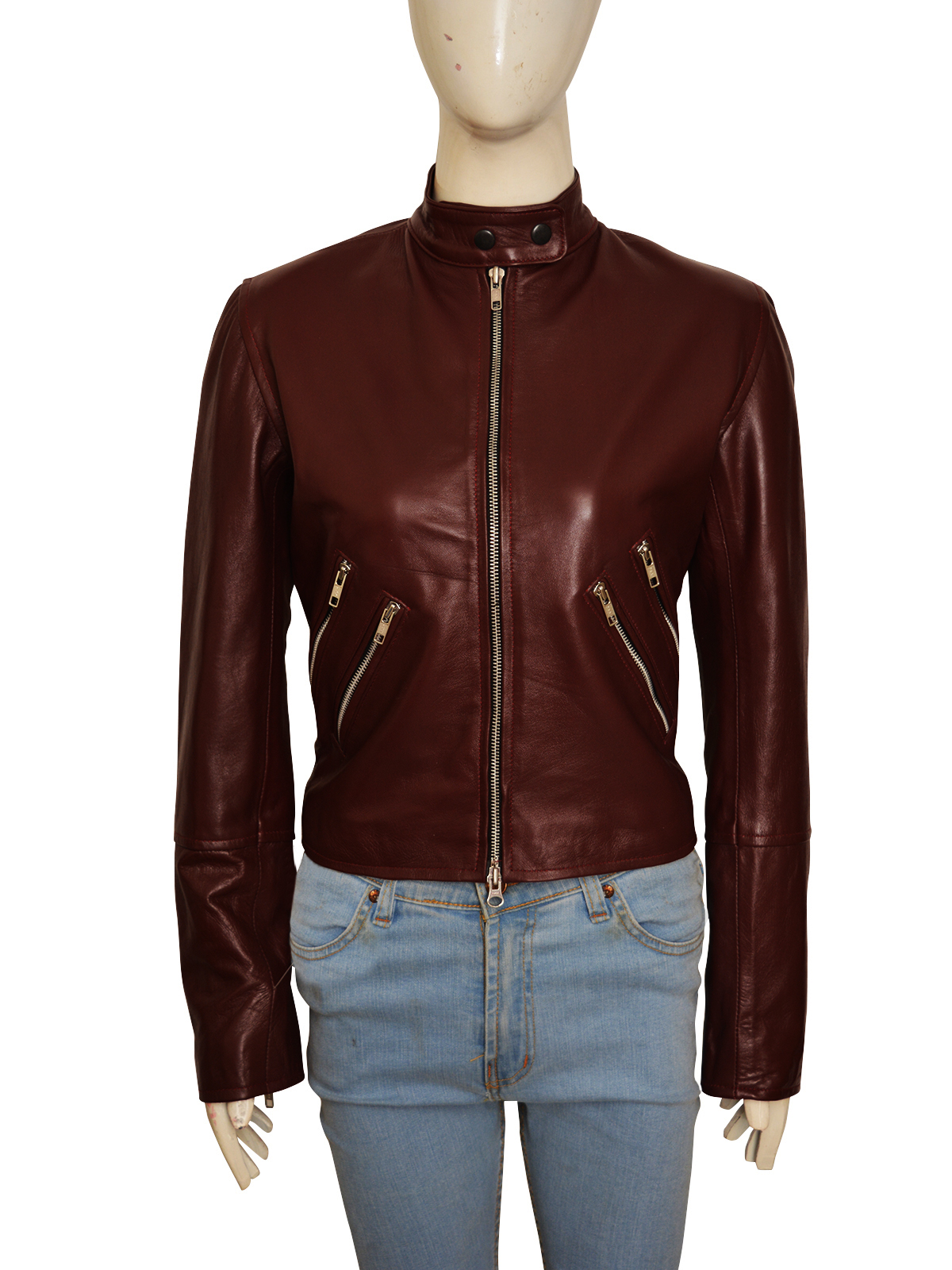 maroon-women-leather-jacket.jpg Maroon Slim Fit Women Leather Jacket - Image 1