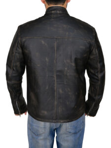Men Distressed Black Cafe Racer Jacket - Image 2