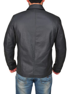 Men Lapel Collar Black Leather Jacket - Image 2