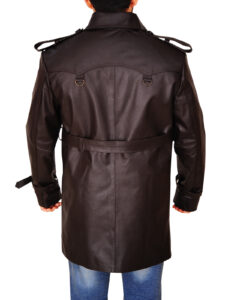 Men Brown Leather Peacoat - Image 2