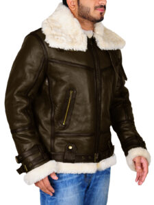 Army Green Men B3 Bomber Shealring Leather Jacket - Image 4