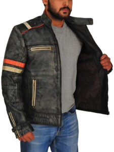 Men Grey Biker Leather Jacket - Image 3