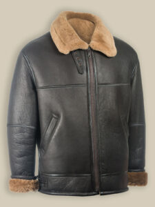 Men Black Aviator Shearling Jacket - Image 3