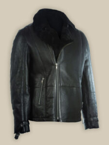 Men Pure Black B3 Shearling Jacket - Image 3
