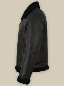 Men Jet Black Shearling Leather Jacket - Image 4