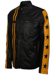 Men Yellow Stripes Biker Jacket - Image 5