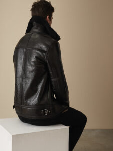 Men Black Shearling Bomber Leather Jacket - Image 2