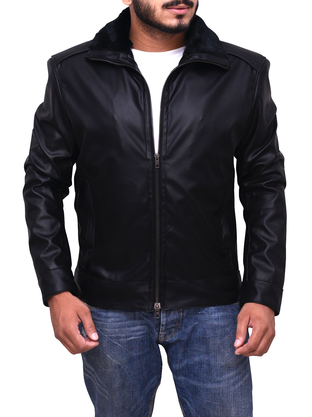 men-black-leather-jacket-with-black-fur-collar.jpg Black Jacket With Black Fur Collar - Image 1