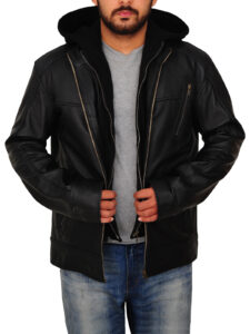 Men Black Leather Jacket With Hoodie