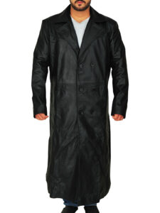 Men Black Leather Trench Coat