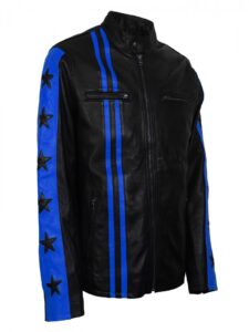 Men Blue Stripes Biker Jacket - Image 4