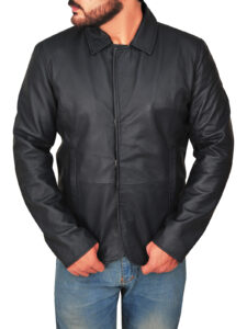 Men Lapel Collar Black Leather Jacket