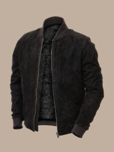 Men Black Suede Bomber Jacket - Image 3