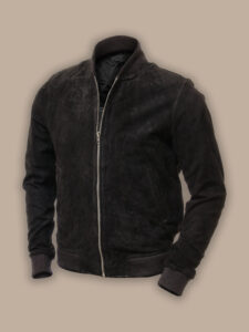 Men Pitch Black Suede Bomber Jacket