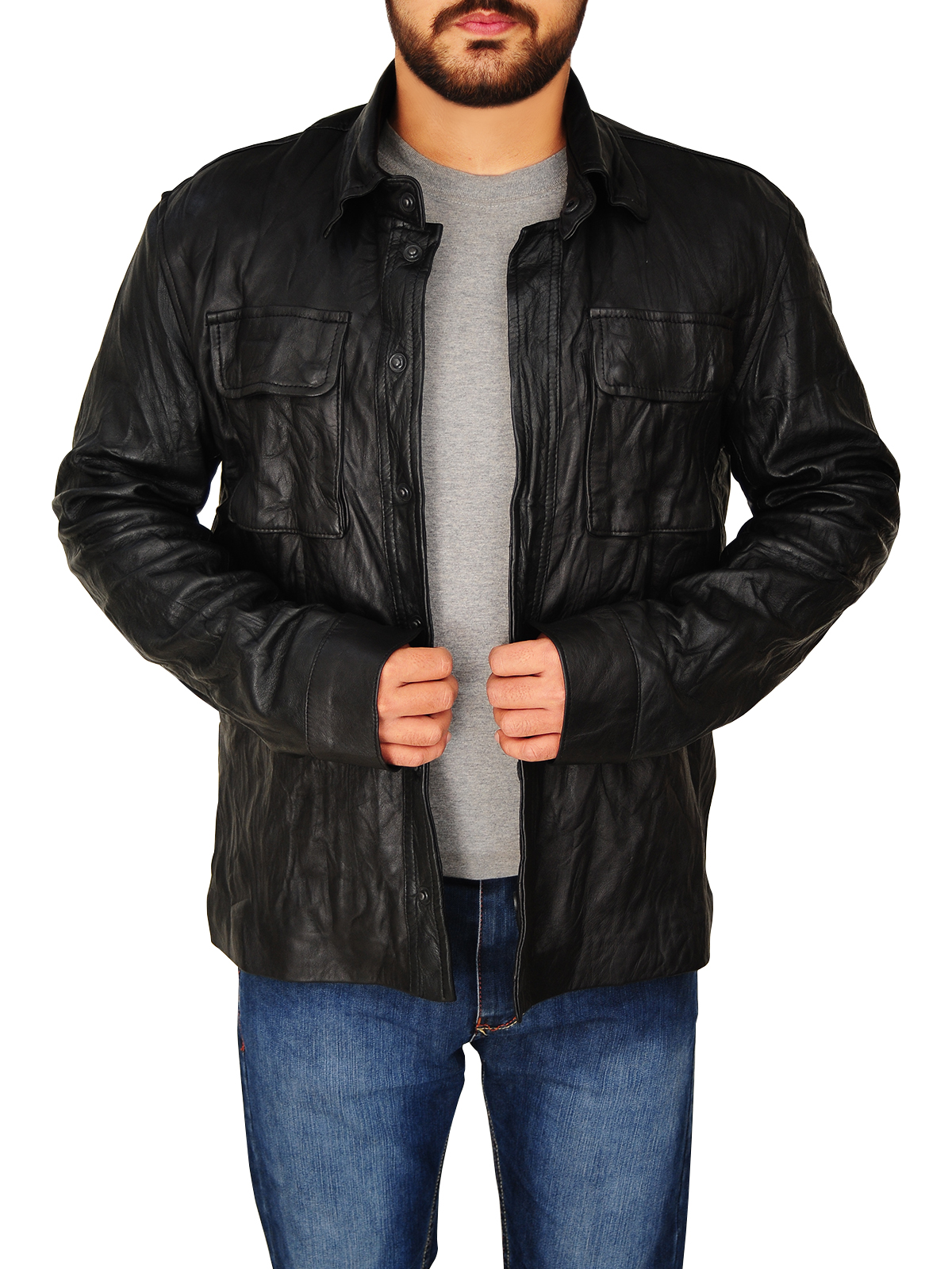 men-black-wrinkled-leather-jacket.jpg Men Black Wrinkled Jacket - Image 1
