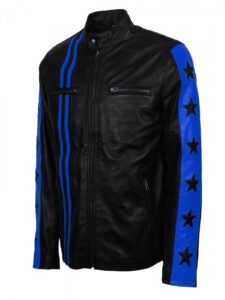 Men Blue Stripes Biker Jacket - Image 5