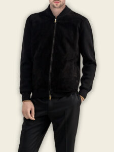 Men Pitch Black Suede Bomber Jacket - Image 3
