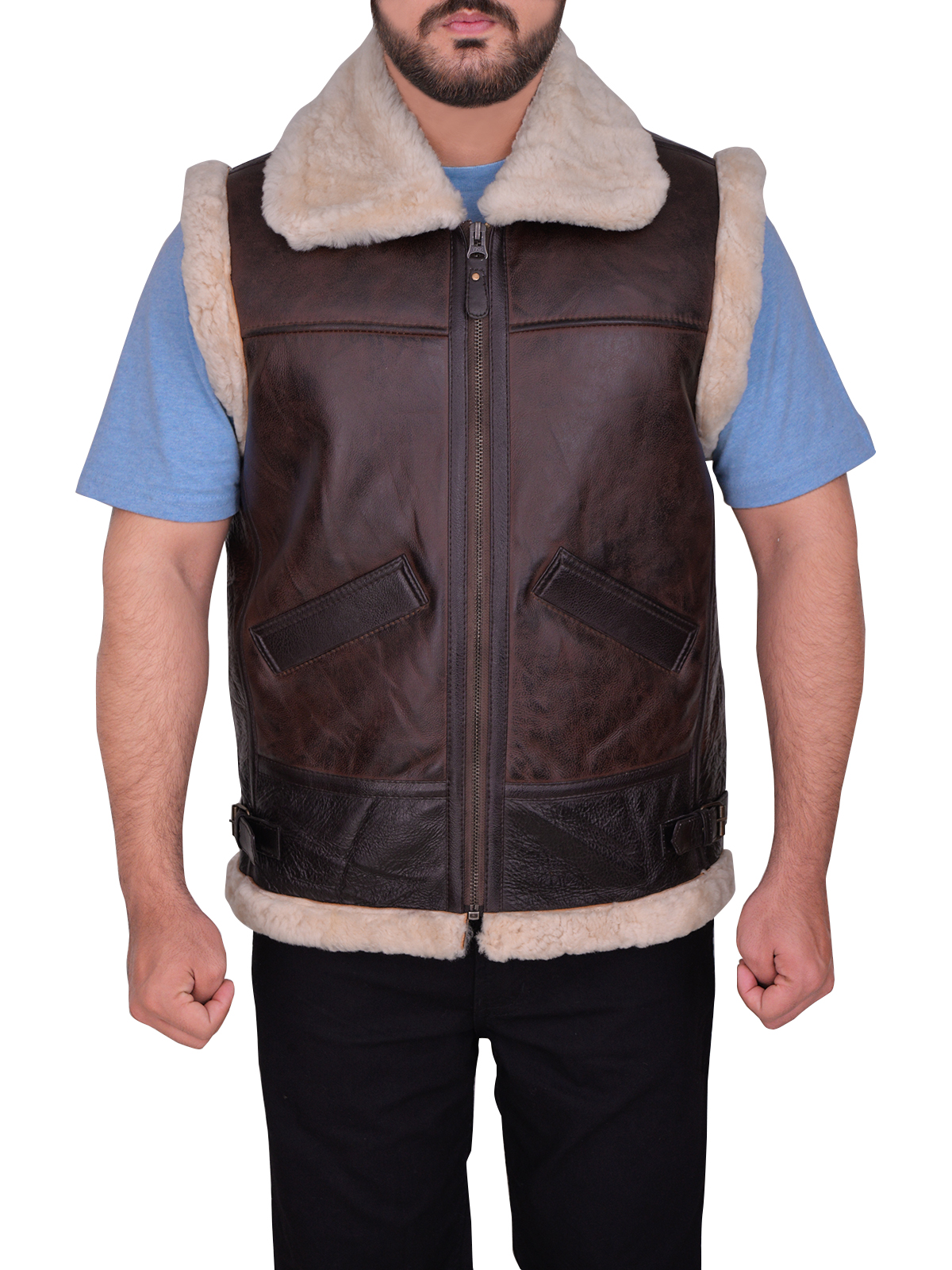 men-brown-shearling-leather-vest.jpg Men Sheepskin Brown Vest - Image 1
