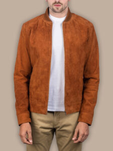 Men Brown Bomber Suede Jacket - Image 3