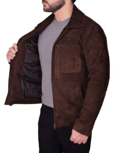Men Dark Brown Suede Leather Jacket - Image 4