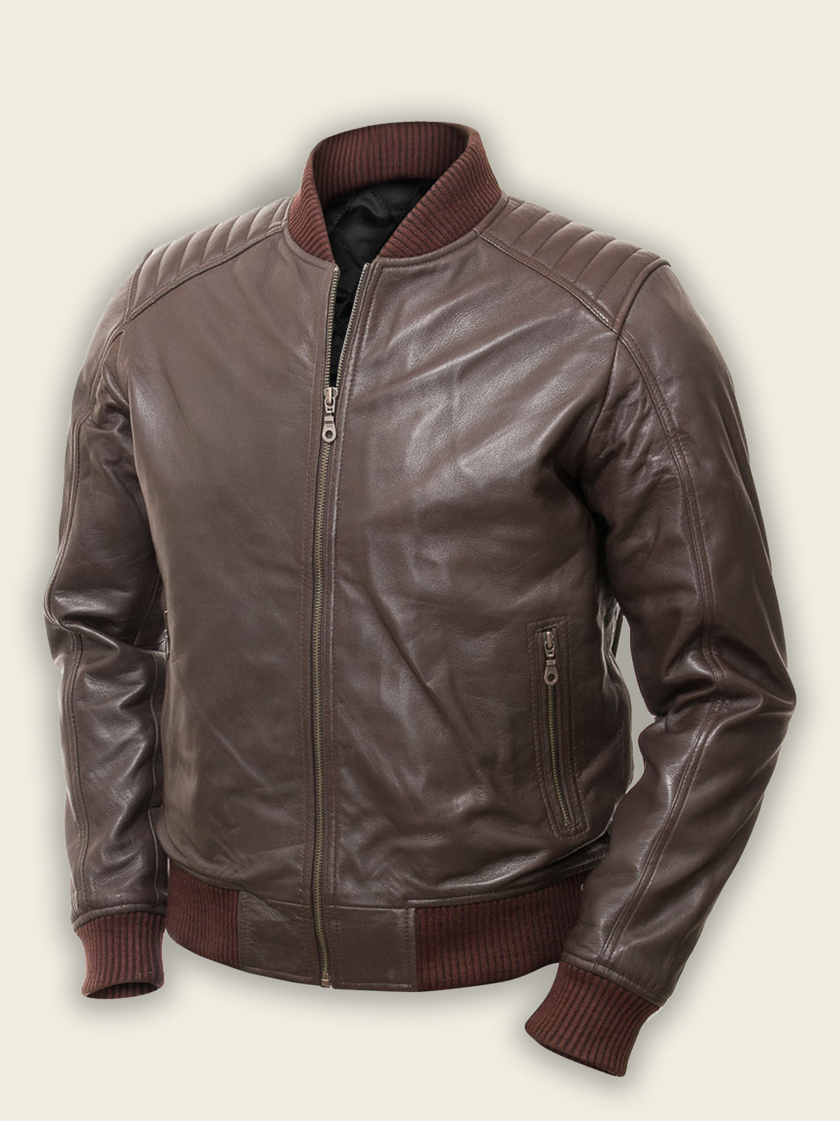 men-dark-brown-bomber-leather-jacket.jpg Men Dark Brown Bomber Jacket - Image 1
