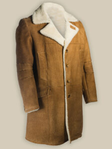 Men Brown Distressed Shearling Long Coat - Image 3