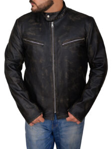 Men Distressed Black Cafe Racer Jacket - Image 5