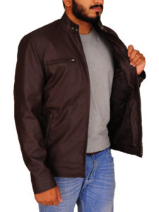Brown Faux Leather Men Jacket - Image 3