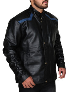 Jet Black Blue Line Leather Jacket - Image 3
