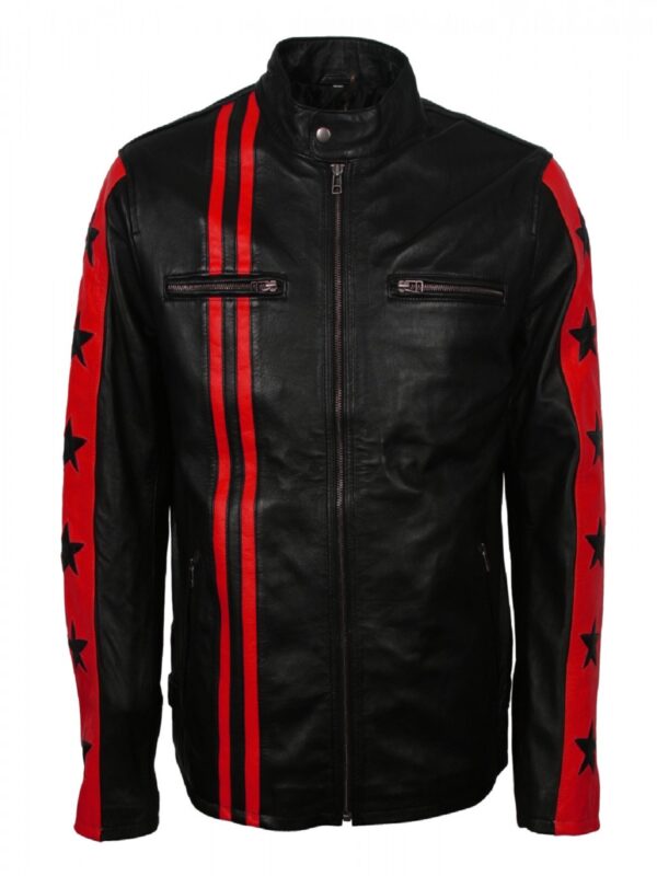 Men Red Stripes Biker Jacket