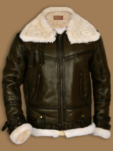 Army Green Men B3 Bomber Shealring Leather Jacket