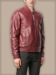 Men Red Bomber Leather Jacket - Image 3