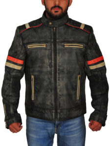 Men Grey Biker Leather Jacket - Image 5