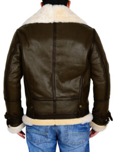 Army Green Men B3 Bomber Shealring Leather Jacket - Image 3