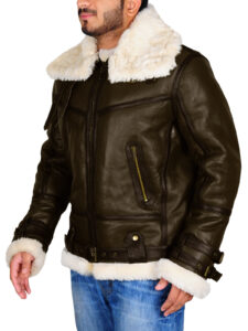 Army Green Men B3 Bomber Shealring Leather Jacket - Image 5