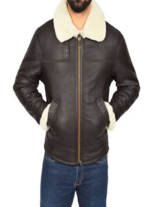 Men Dark Brown Shearling Leather Jacket - Image 3