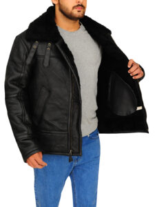 B3 Aviator Bomber Sheepskin Black Jacket - Image 4